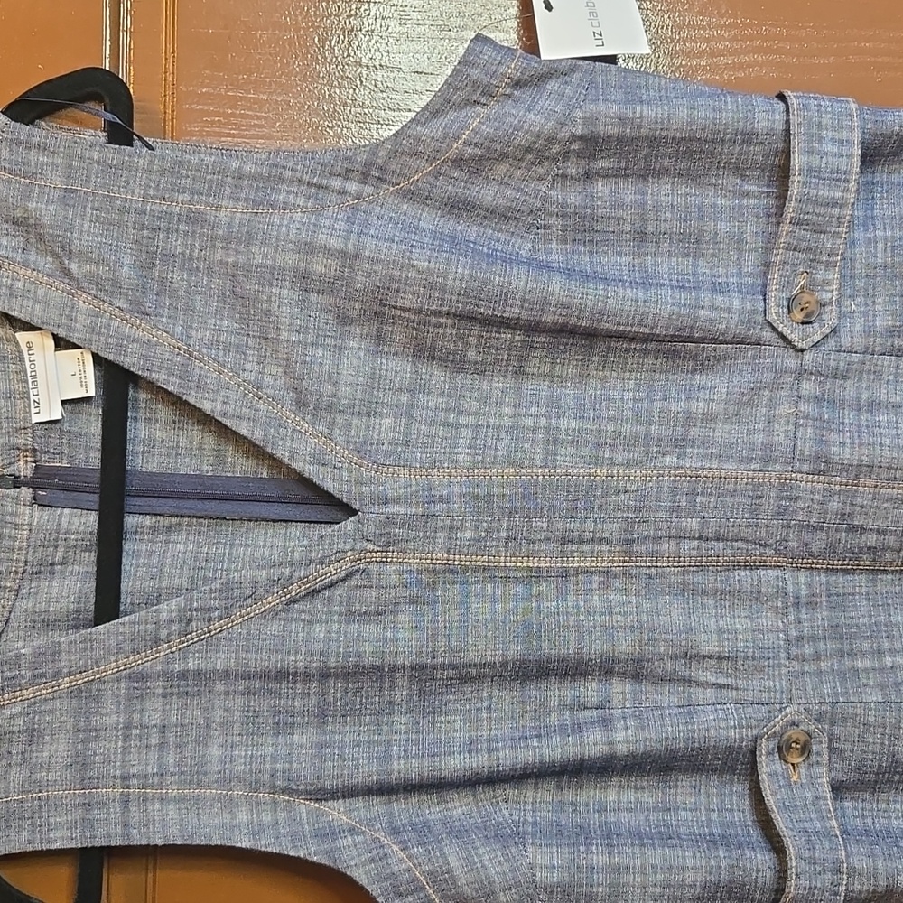 Liz Claiborne-Blue cotton denim V neck sleeveless dress with side bands Sz L NWT - Picture 4 of 8